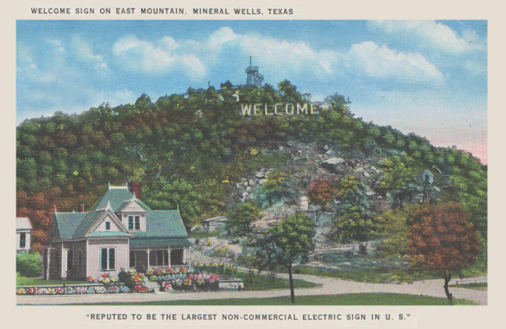 Historical postcard of Mineral Well's Welcome sign