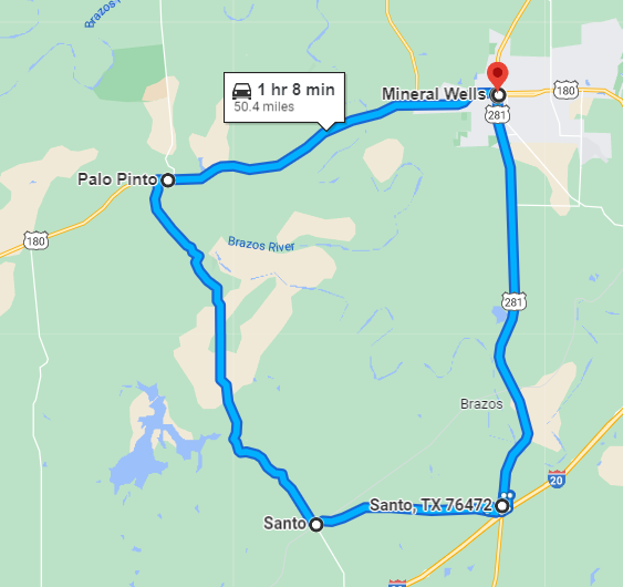 Map of the Cherry Pie Hill Scenic Loop from Mineral Wells through Palo Pinto and Santo Map of the Cherry Pie Hill Scenic Loop from Mineral Wells through Palo Pinto and Santo