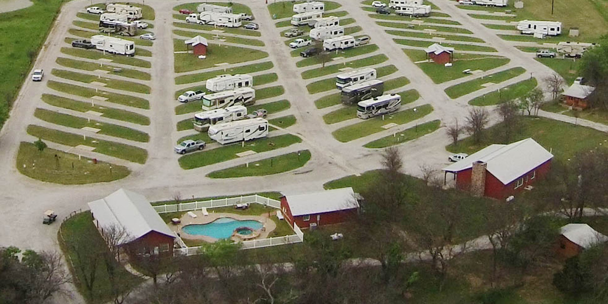 Aerial View of Coffee Creek RV Resorts and Cabins with RVs and main house and pool