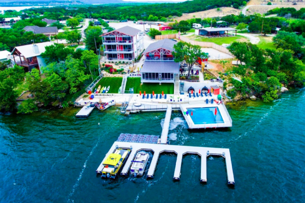 Aerial view of Lush Resort docks, pool and lodging