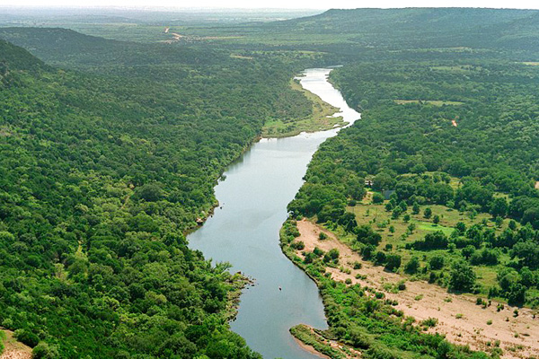 Aerial of Palo Pinto County Landscape with river and trees