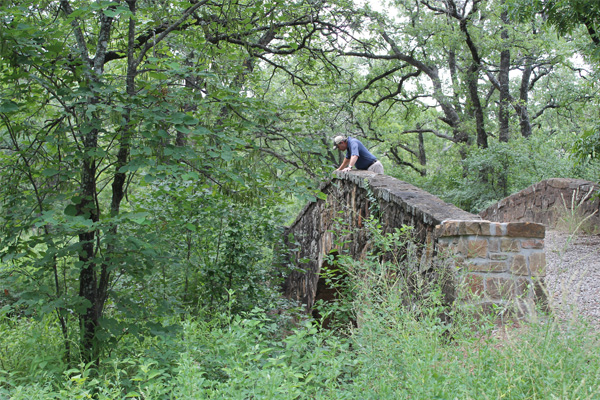 Man in forest overlooks Pollard Creek from stone bridge
