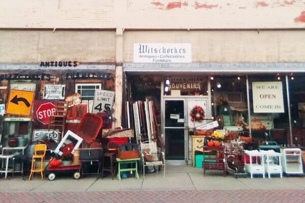 Witschorke’s Antiques store front with antiques on display