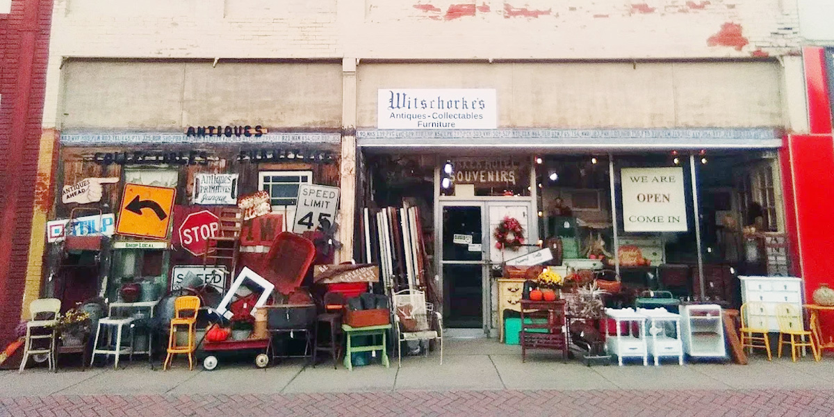 Witschorke’s Antiques store front with antiques on display